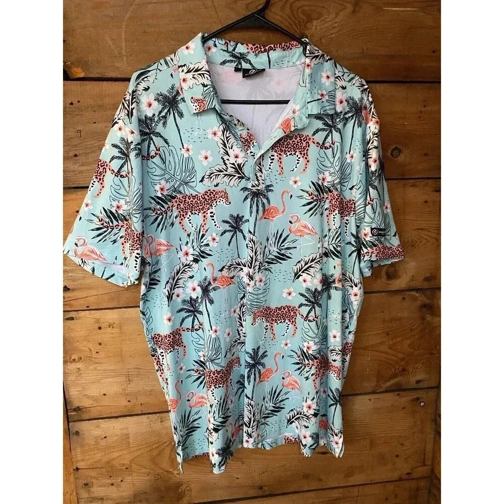 Greenside Golf Polo Mens Large Flamingos & Cheetas Tropical Vacation Print